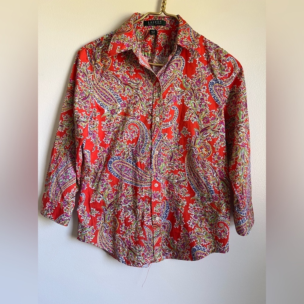 Ralph Lauren Women's printed blouse with 3/4 sleeves and button-down collar sz S
